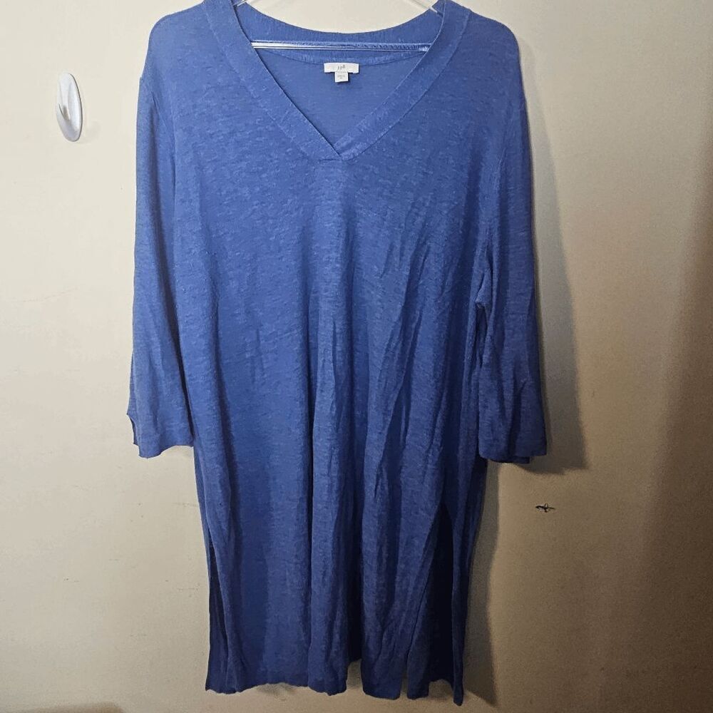 J.Jill Blue Linen Blend Beachy V-Neck Long  Sleeve Knee Length Dress Womens Blue